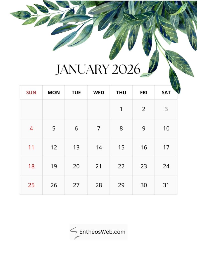 2026 monthly leaf calendar
