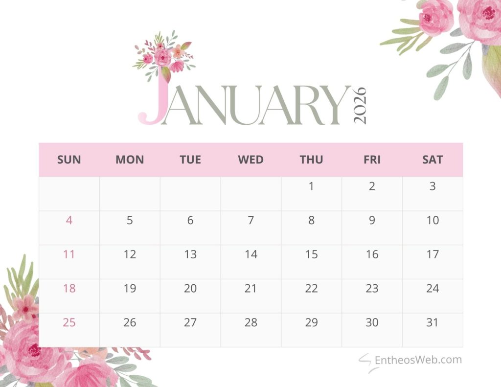 Pink floral month calendar 2026
