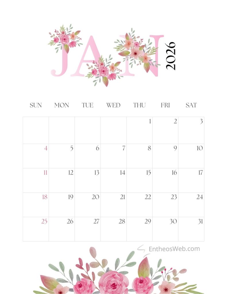 January calendar 2026 printable   pink flowers by entheosweb