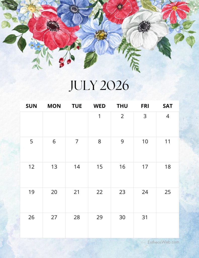 July 2026 blue red and white floral printable calendar