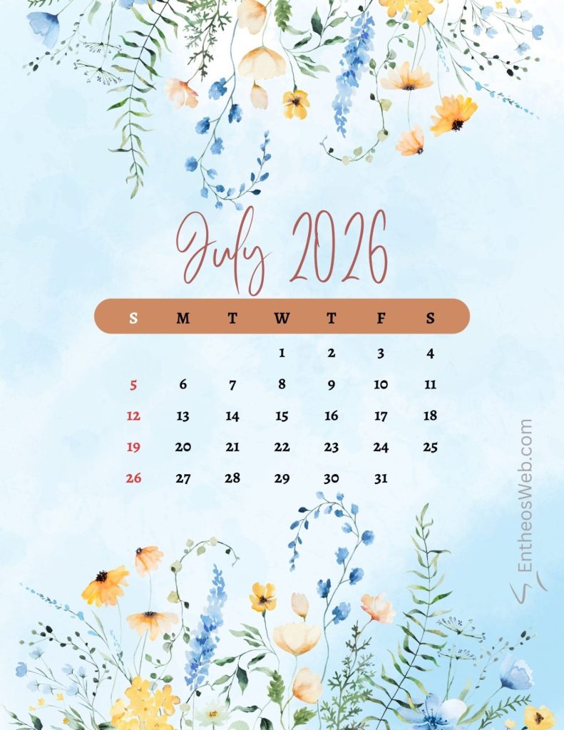July 2016 calendar page with a pastel blue watercolor background and a watercolor floral border at the top and bottom July 2026 floral blue printable calendar