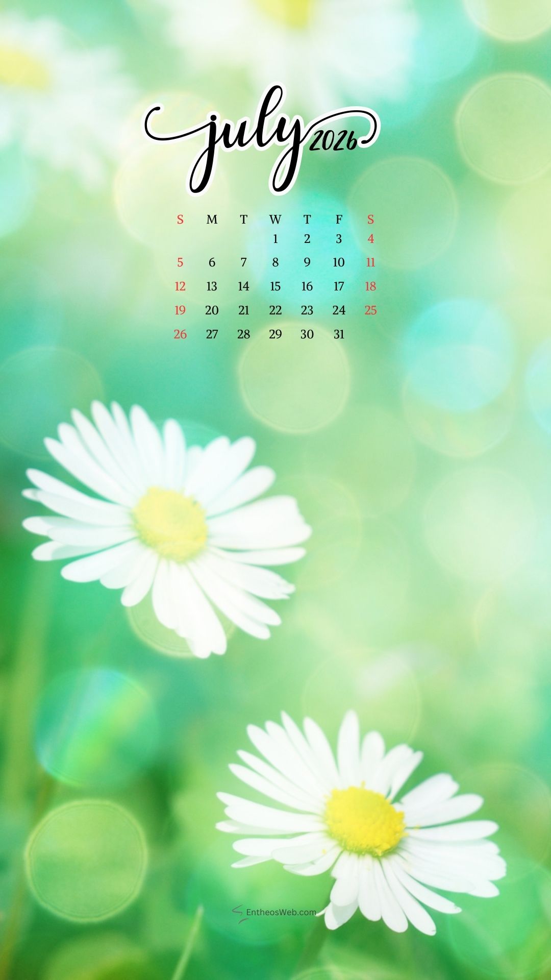 July 2026 Phone Wallpaper Calendar Daisies | July 2026 Phone Wallpaper Calendar | Entheosweb July 2026 phone wallpaper calendar
