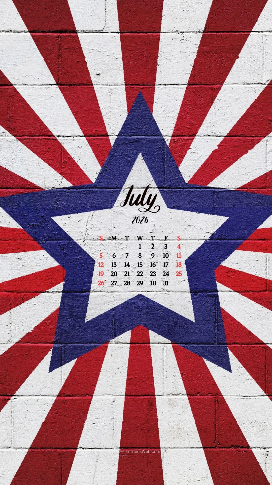 July 2026 Phone Wallpaper Calendar Stars and Stripes 2 | July 2026 Phone Wallpaper Calendar | Entheosweb July 2026 phone wallpaper calendar