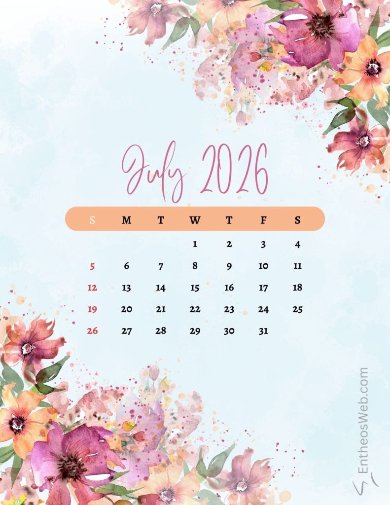 Watercolor floral calendar page for july 2016 featuring a peach rounded week bar and a grid of dates July 2026 pink floral blue printable calendar