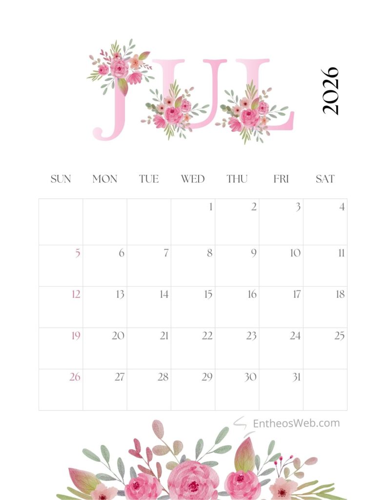 July calendar 2026 printable   pink flowers by entheosweb