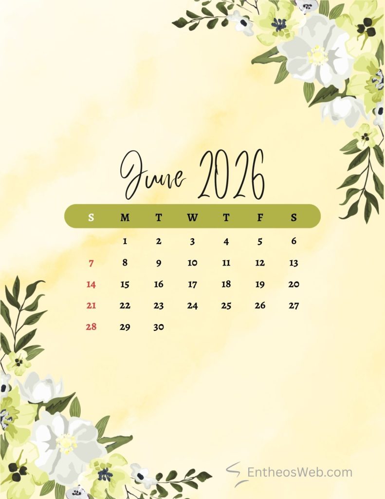 June 2016 calendar page on a pale yellow watercolor background with green floral corners and a lime banner listing days s m t w t f s Sundays are in red ink June 2026 floral yellow printable calendar