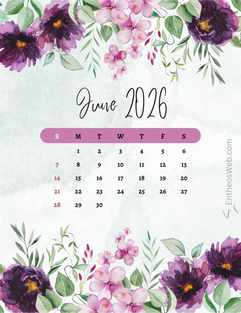 June 2026 calendar page with a purple pink floral border and green leaves showing days of week in a pink rounded bar and dates grid june 2026 purple floral printable calendar