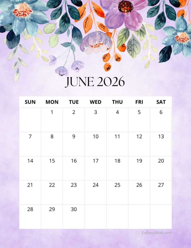 June 2026 purple printable calendar