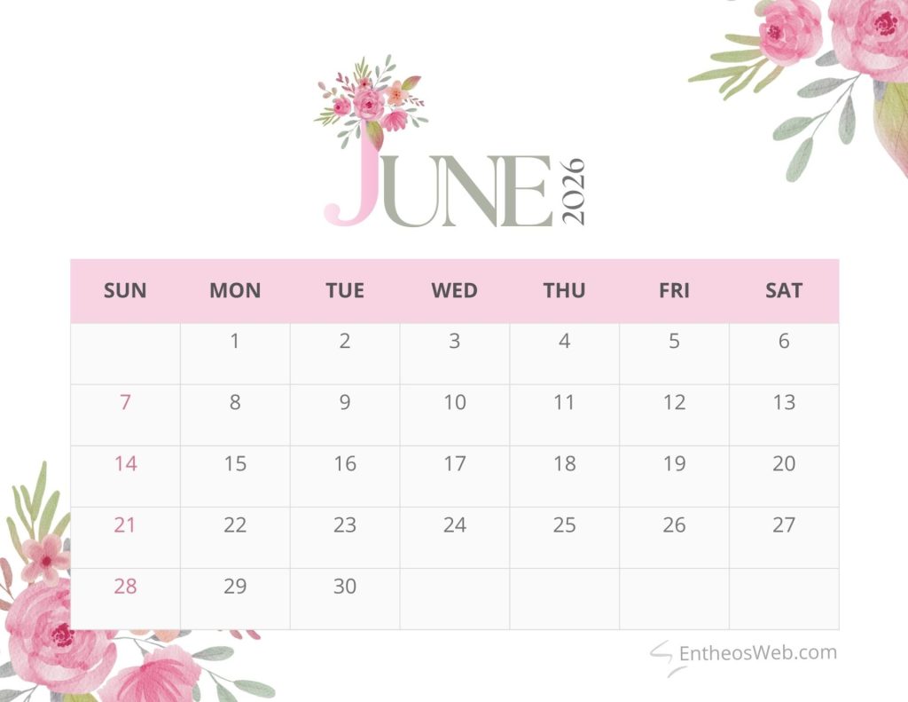 Pink floral month calendar 2026