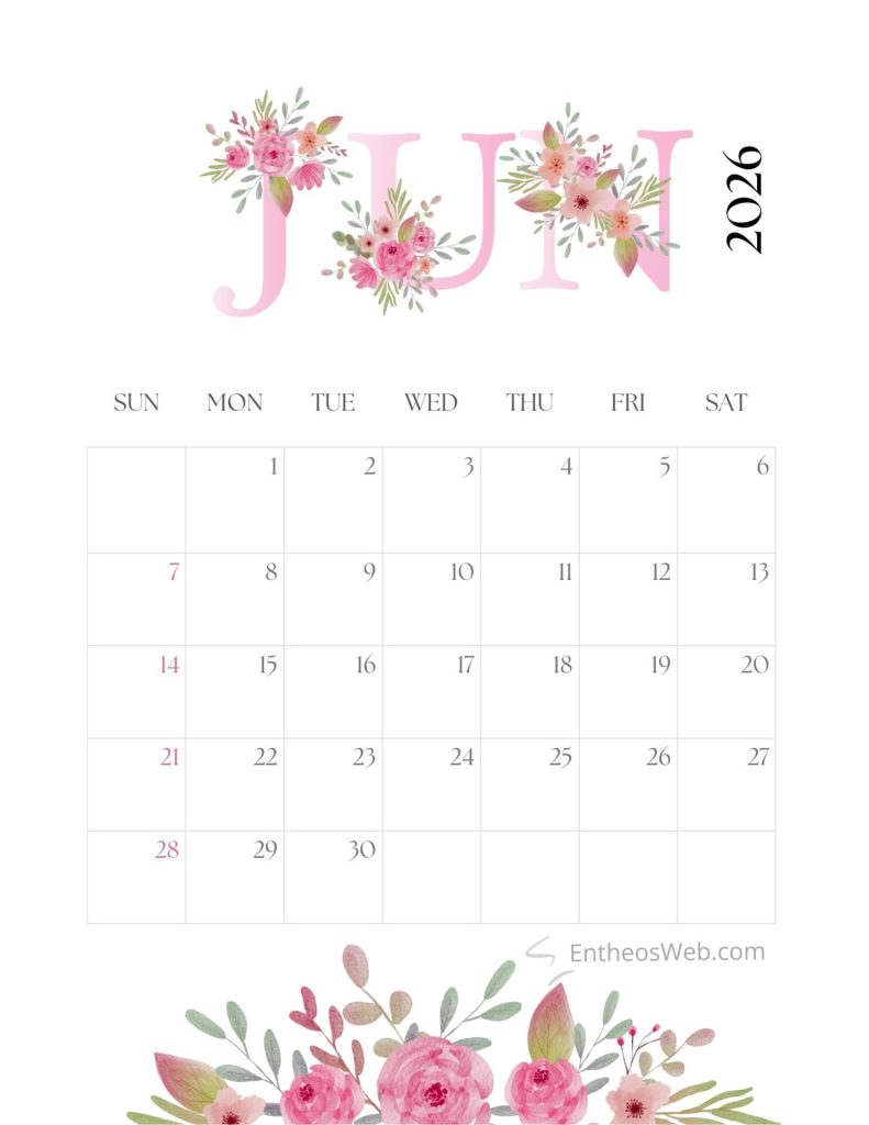 June calendar 2026 printable   pink flowers by entheosweb