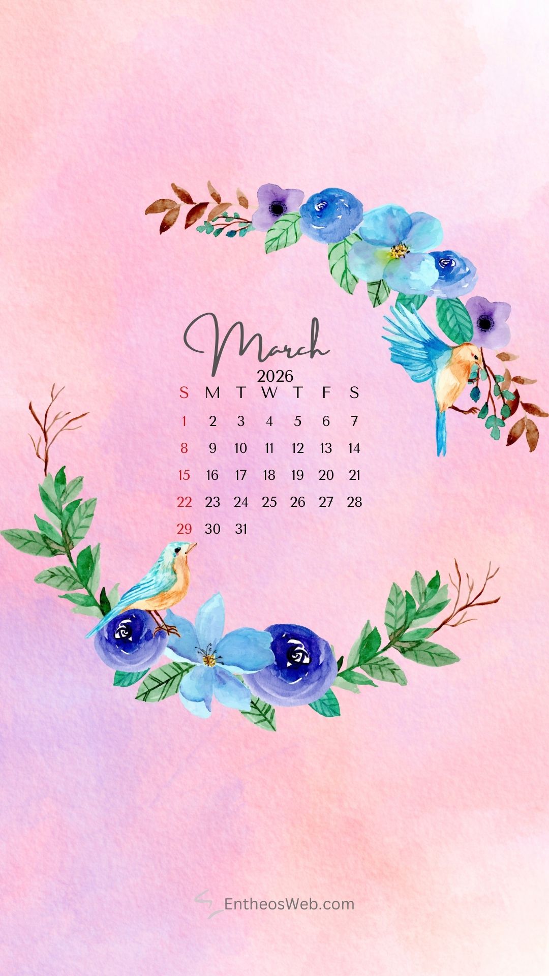 March 2026 birds floral wreath phone wallpaper | march calendar wallpaper and screensavers for phones 2026 | entheosweb March 2026 calendar phone wallpaper