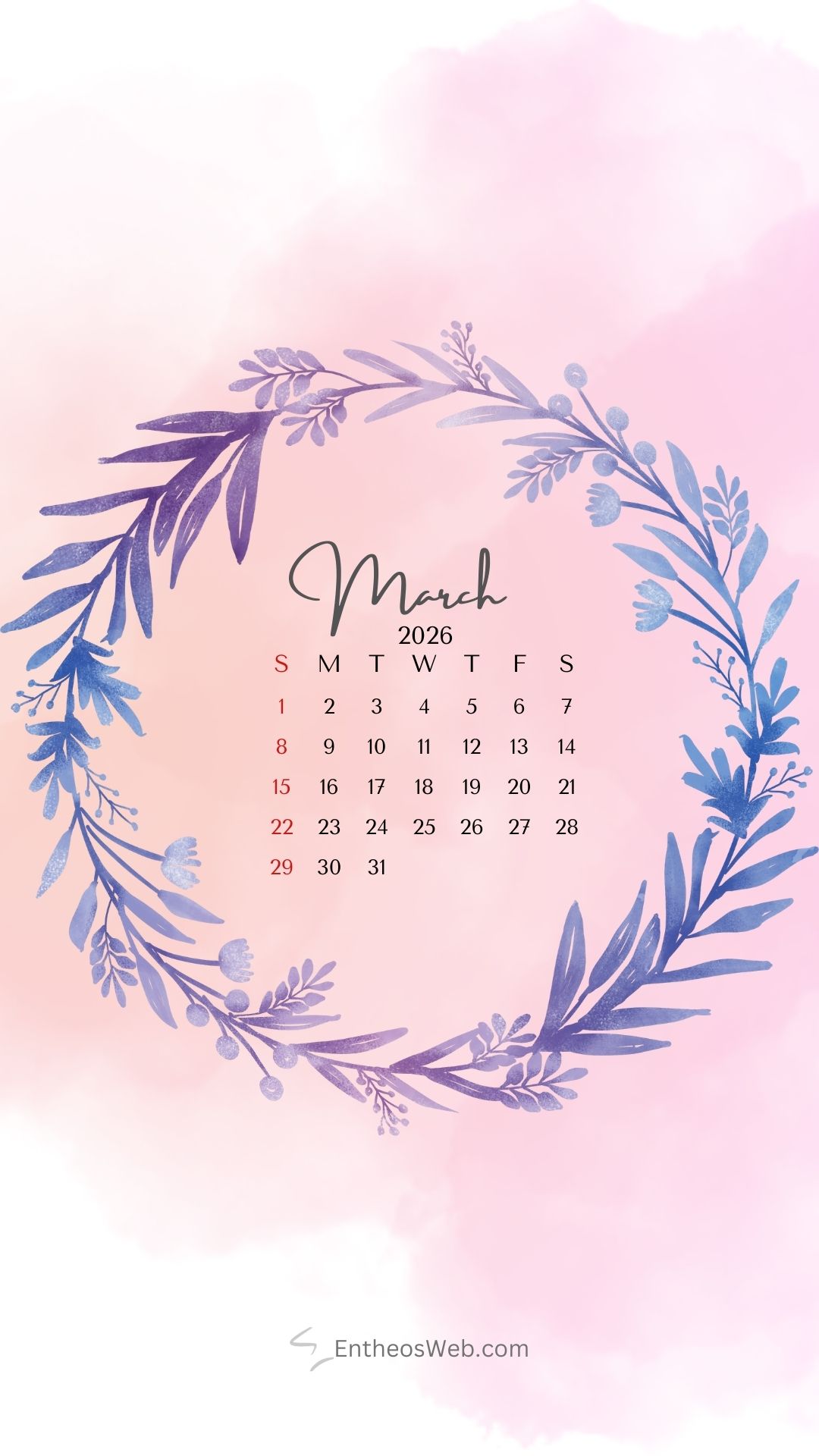 March 2026 blue leaf wreath phone wallpaper | march calendar wallpaper and screensavers for phones 2026 | entheosweb March 2026 blue leaf wreath phone wallpaper