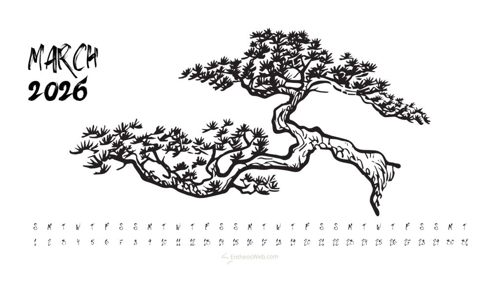 March 2026 bonsai desktop wallpaper calendar | march 2026 calendar desktop wallpaper | entheosweb March 2026 bonsai desktop wallpaper calendar