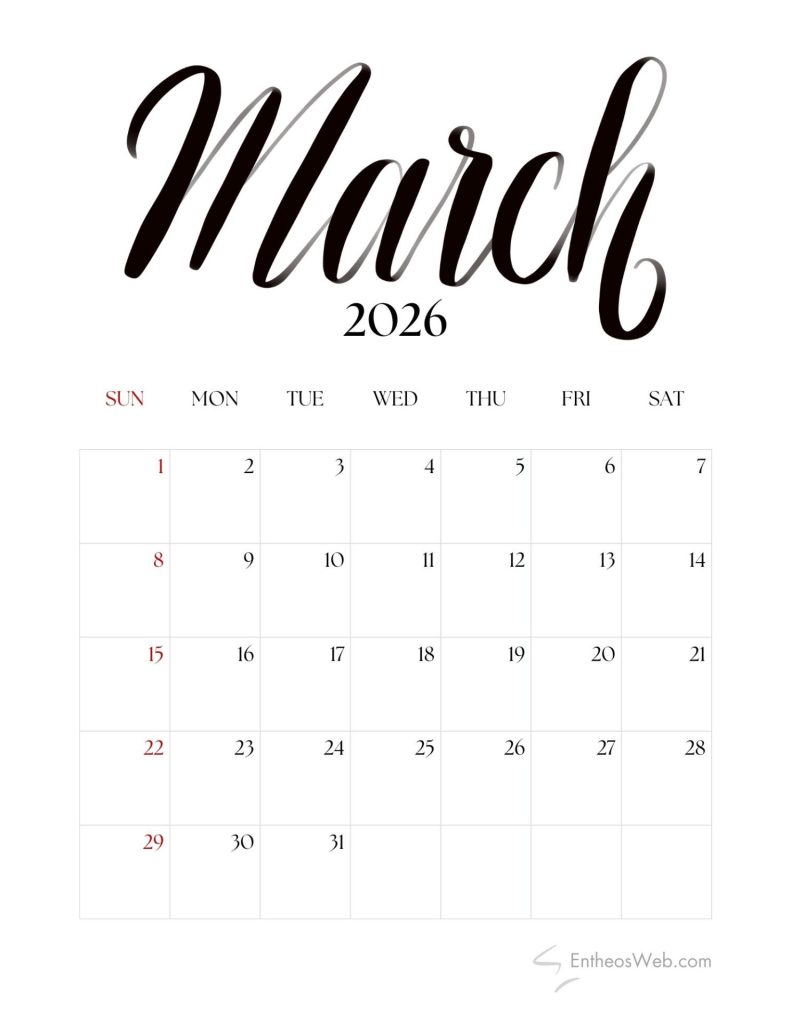March 2026 calendar   black and white