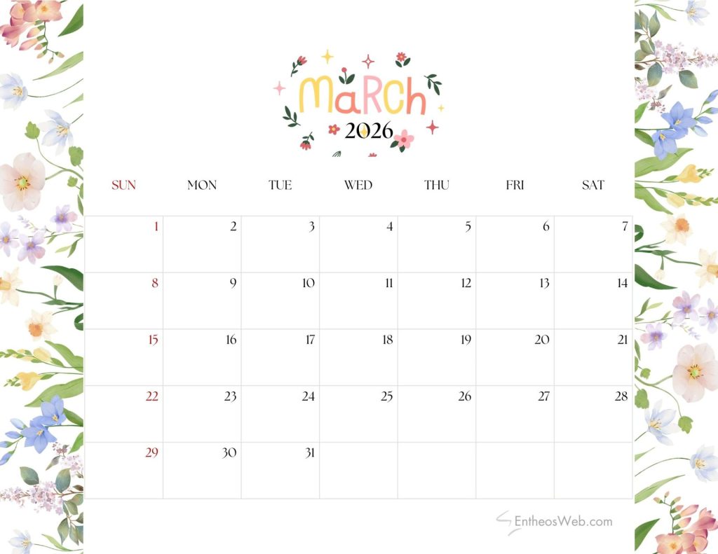 March 2026 calendar   flowers 3