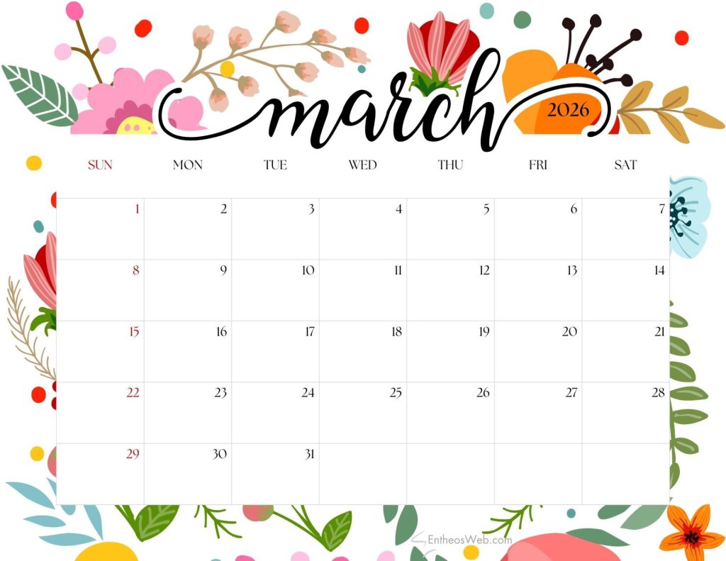 March 2026 calendar   flowers