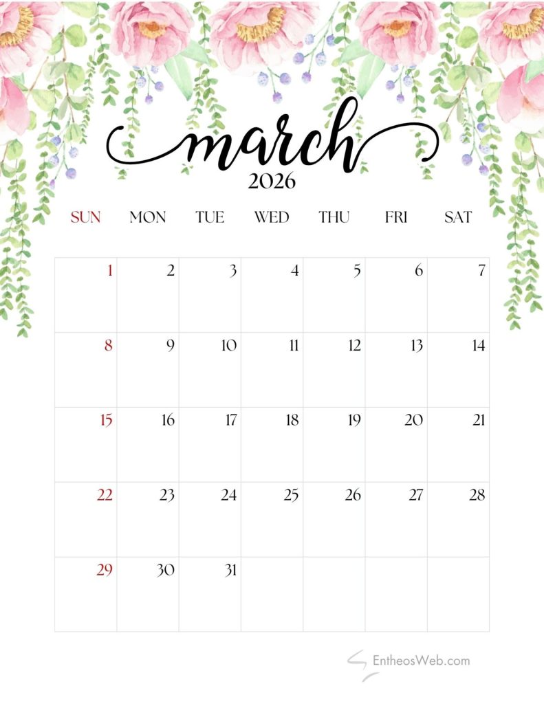 March 2026 calendar   flowers