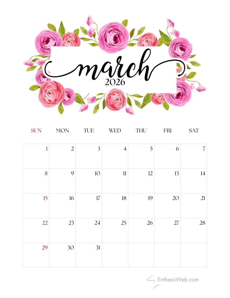 March 2026 calendar   roses