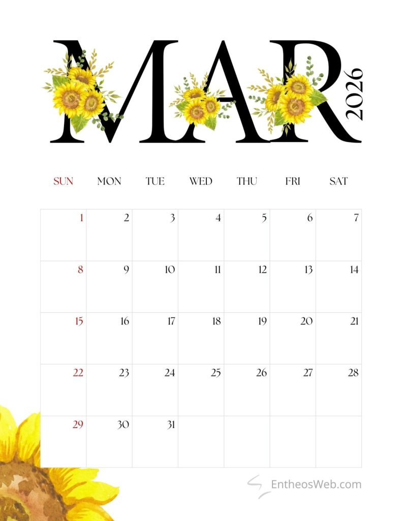 March 2026 calendar   sunflowers