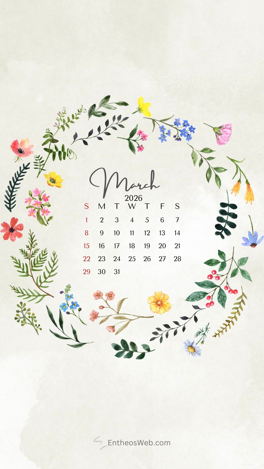 March 2026 colorful floral wreath phone wallpaper | march calendar wallpaper and screensavers for phones 2026 | entheosweb March 2026 calendar phone wallpaper colorful flowers