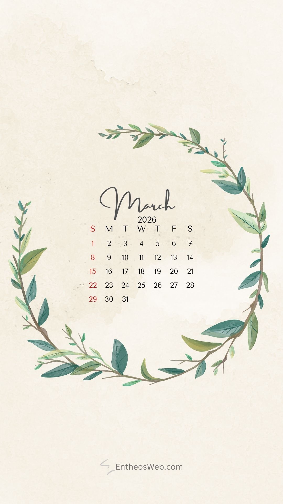 March 2026 leaves wreath phone wallpaper | march calendar wallpaper and screensavers for phones 2026 | entheosweb March 2026 calendar phone wallpaper