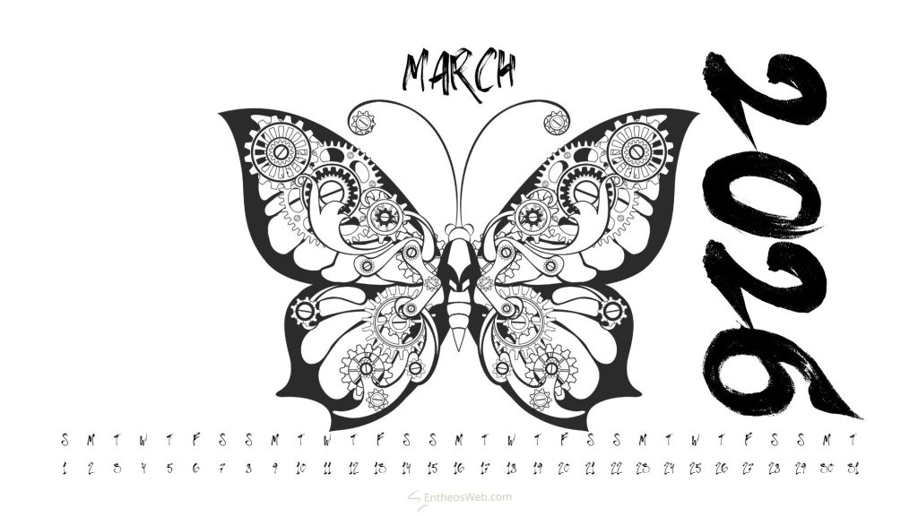 March 2026 mechanical butterfly desktop wallpaper calendar | march 2026 calendar desktop wallpaper | entheosweb March 2026 mechanical butterfly desktop wallpaper calendar