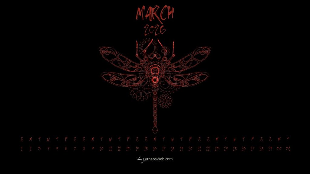 March 2026 mechanical dragon fly desktop wallpaper calendar | march 2026 calendar desktop wallpaper | entheosweb March 2026 mechanical dragon fly desktop wallpaper calendar
