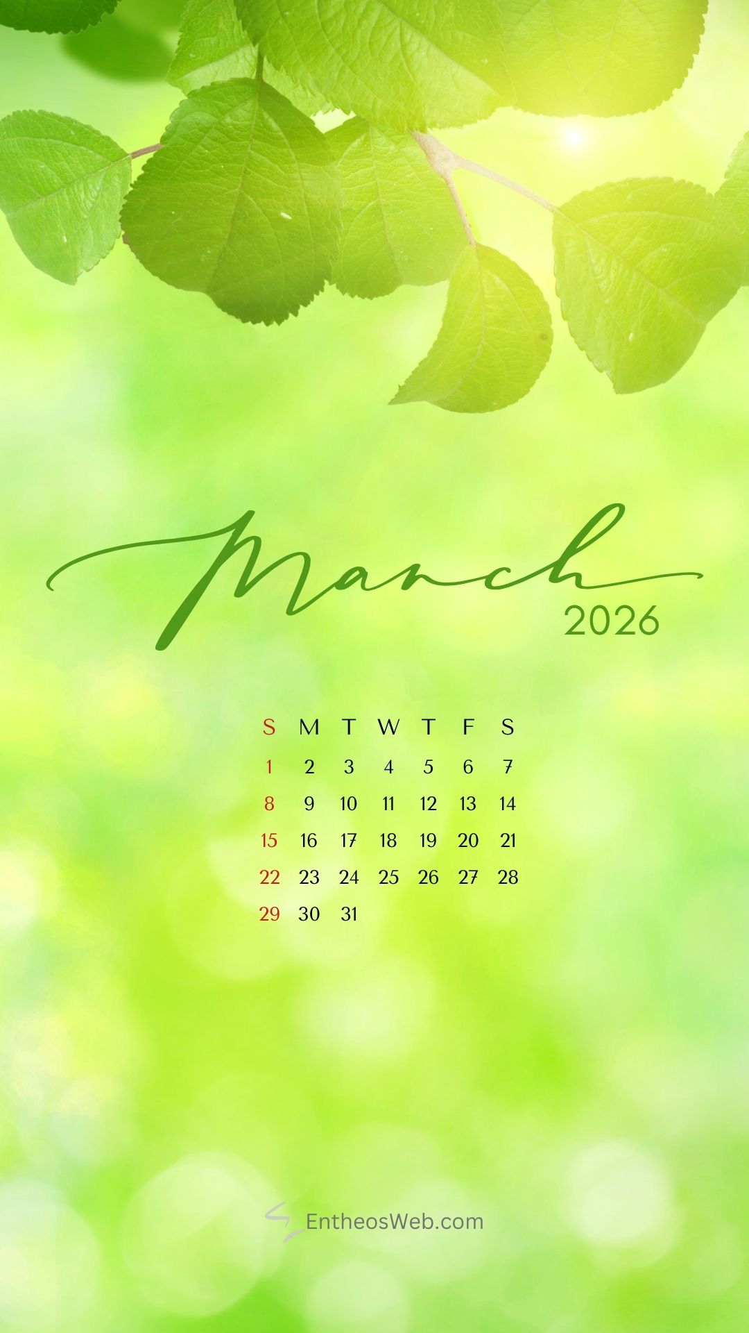 March 2026 phone wallpaper by entheosweb 4 | march calendar wallpaper and screensavers for phones 2026 | entheosweb March 2026 calendar phone wallpaper green