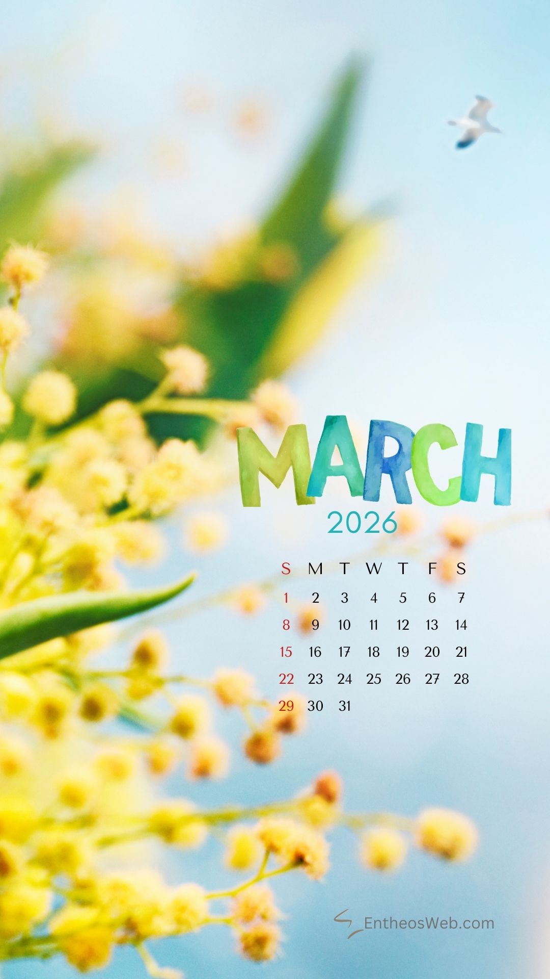 March 2026 phone wallpaper by entheosweb | march calendar wallpaper and screensavers for phones 2026 | entheosweb March 2026 calendar phone wallpaper