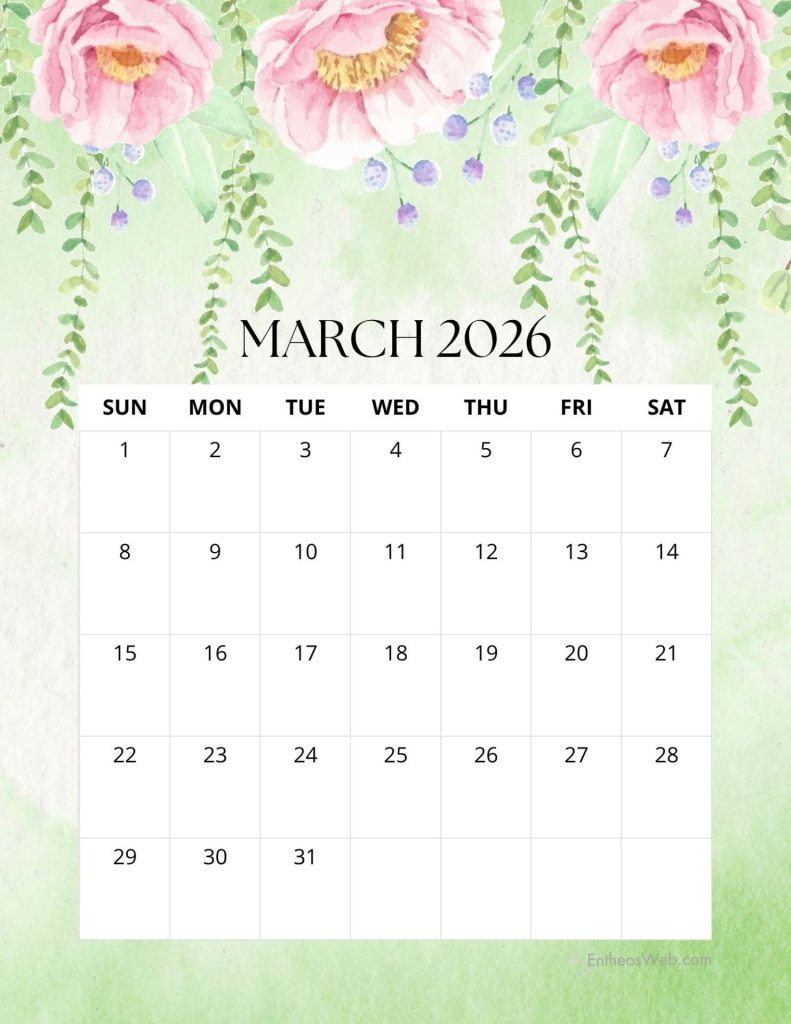 March 2026 pink floral printable calendar