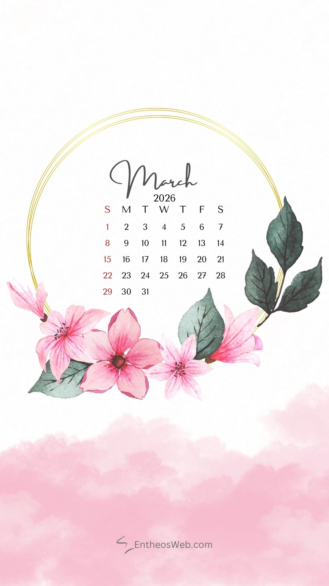 March 2026 pink floral wreath phone wallpaper | march calendar wallpaper and screensavers for phones 2026 | entheosweb March 2026 calendar phone wallpaper pink floral wreath