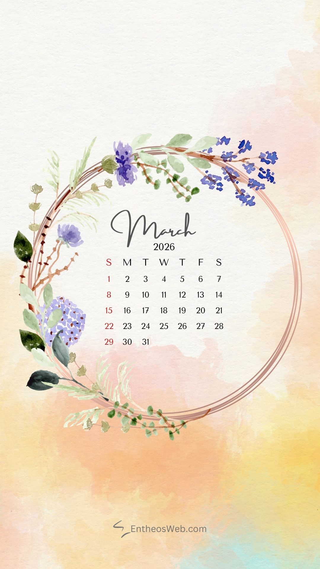March 2026 purple floral wreath phone wallpaper | march calendar wallpaper and screensavers for phones 2026 | entheosweb March 2026 calendar phone wallpaper floral wreath