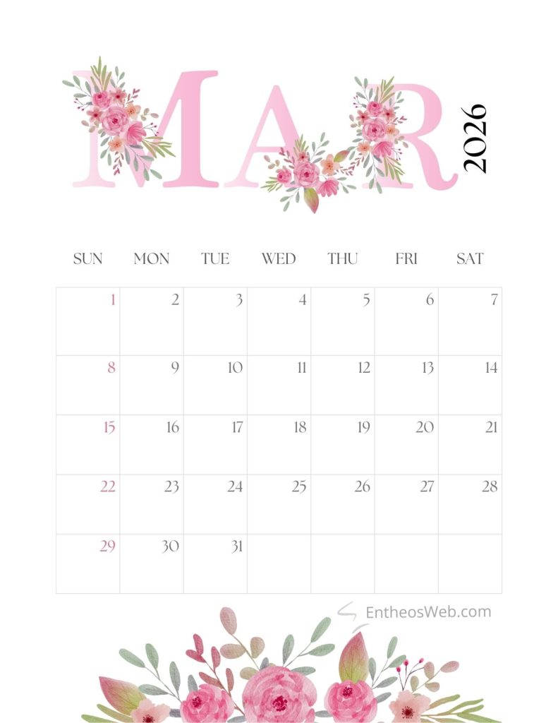 March calendar 2026 printable   pink flowers by entheosweb
