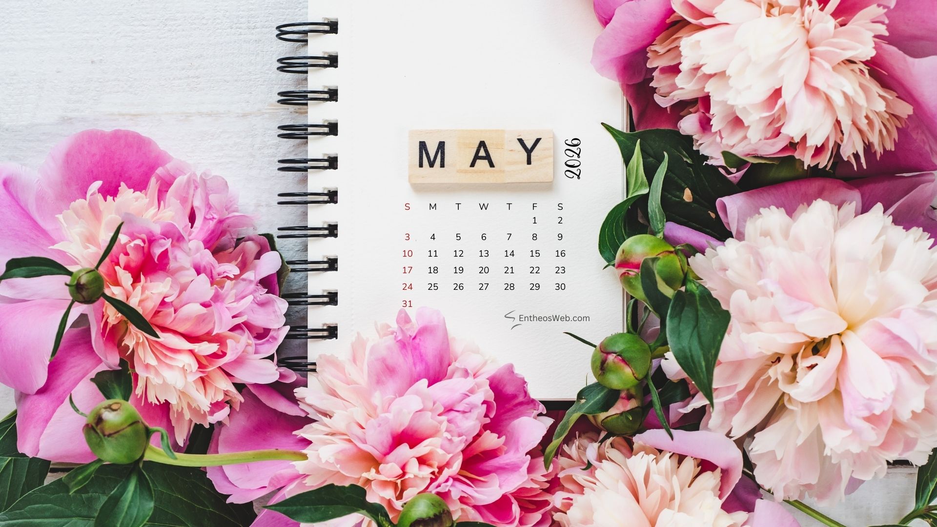 May 2026 Calendar Desktop Wallpaper Flowers and Notebook | May 2026 Desktop Wallpaper Calendar | Entheosweb May 2026 desktop wallpaper calendar