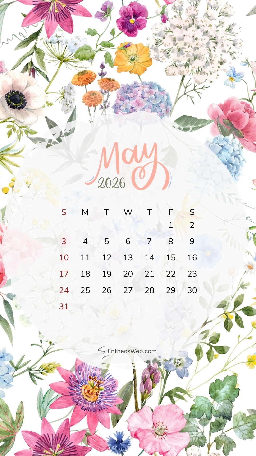 May 2026 Calendar Phone Wallpaper Floral Frame 2 | May 2026 Phone Wallpaper Calendar | Entheosweb May 2026 phone wallpaper calendar
