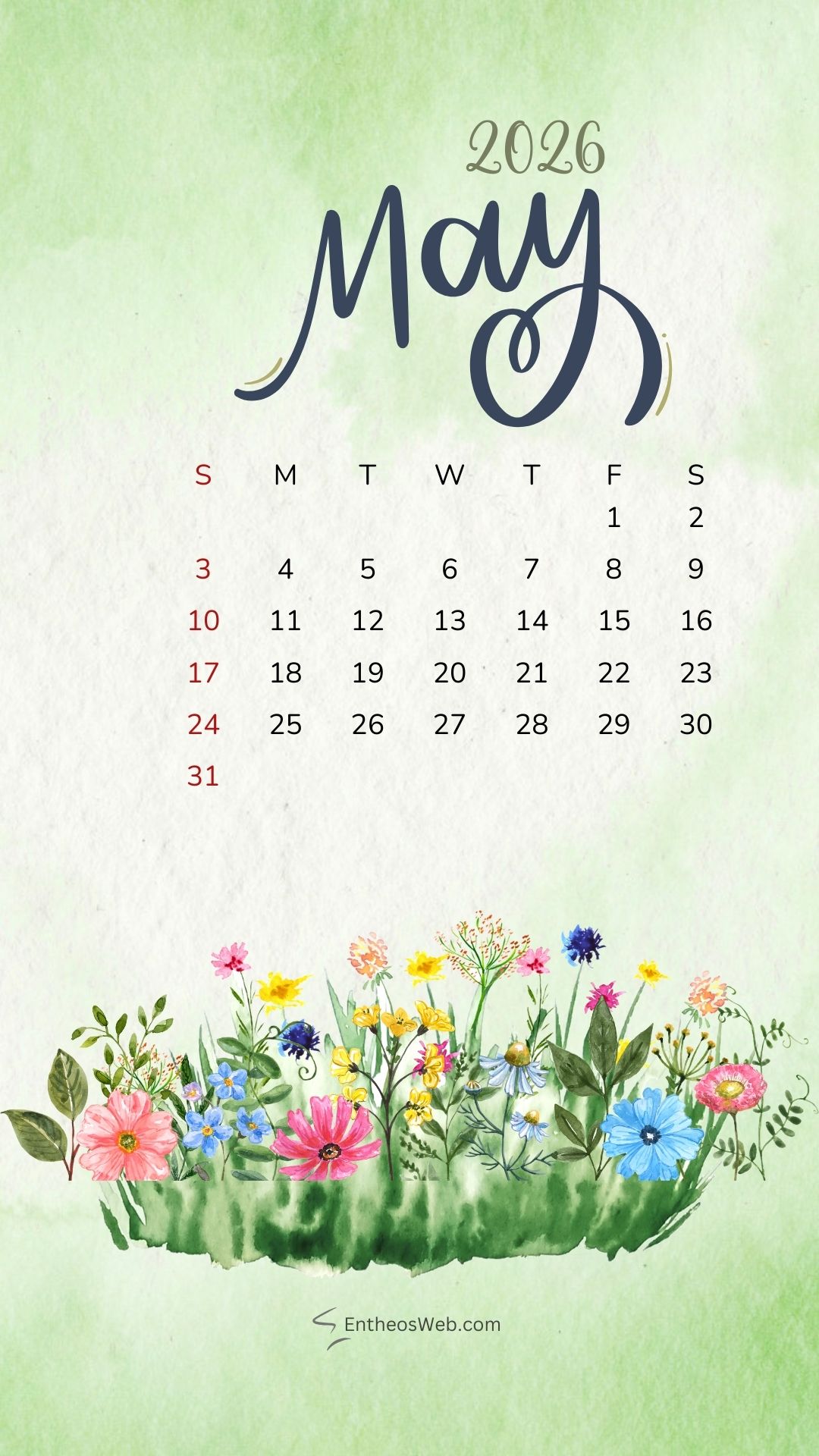 May 2026 Calendar Phone Wallpaper Spring 3 | May 2026 Phone Wallpaper Calendar | Entheosweb May 2026 phone wallpaper calendar