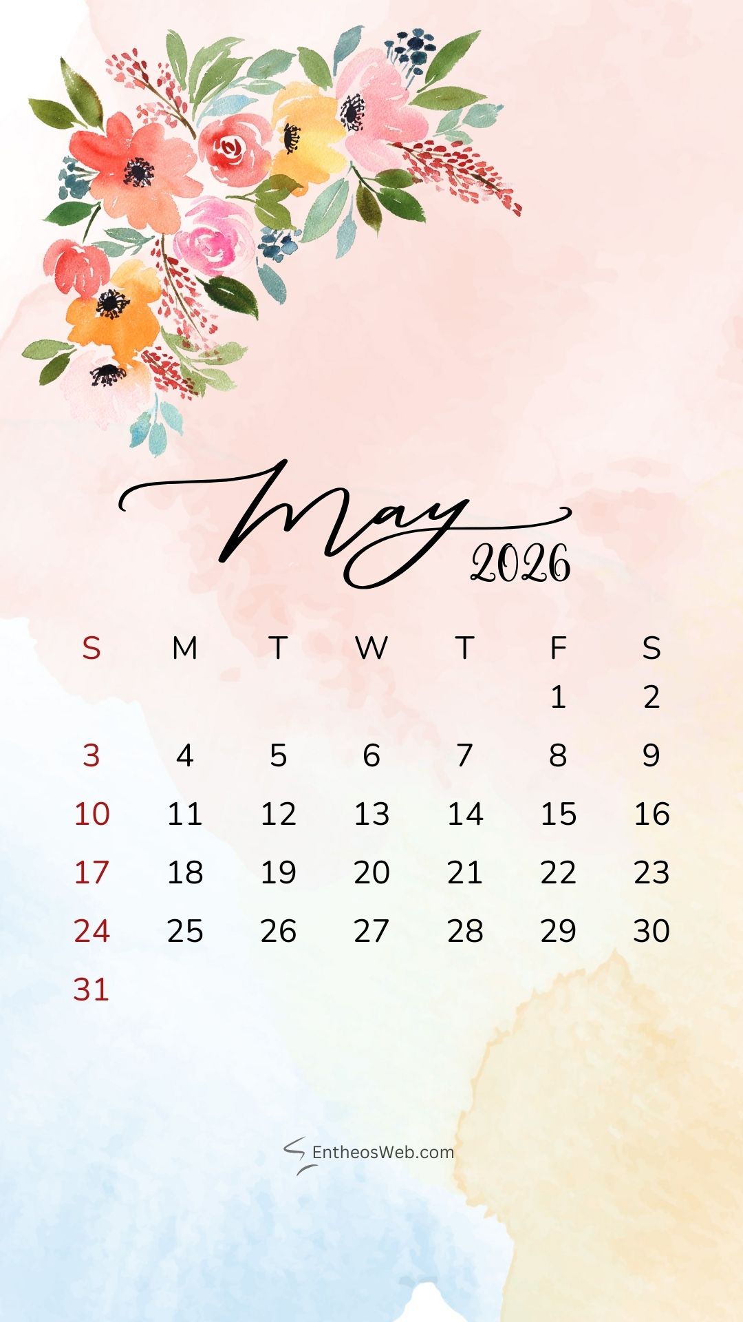 May 2026 Calendar Phone Wallpaper Watercolor Flowers | May 2026 Phone Wallpaper Calendar | Entheosweb May 2026 phone wallpaper calendar