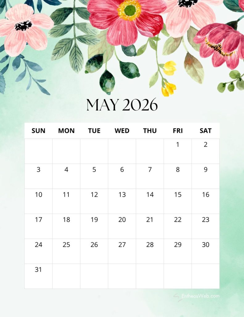 May 2026 floral printable calendar