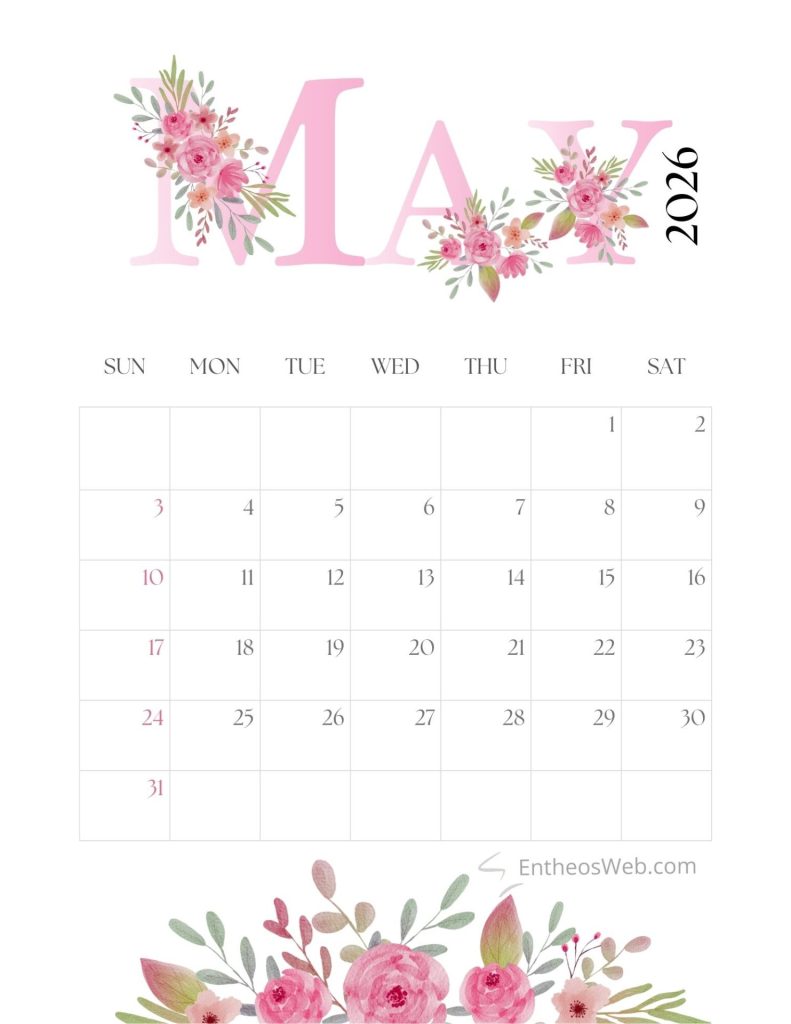May calendar 2026 printable   pink flowers by entheosweb
