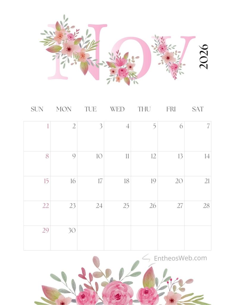 November 2025 calendar printable  pink flowers by entheosweb