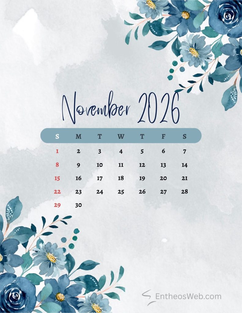 November 2026 calendar page with blue floral corner decorations and a rounded blue weekday bar showing s m t w t f s november 2026 floral blue printable calendar
