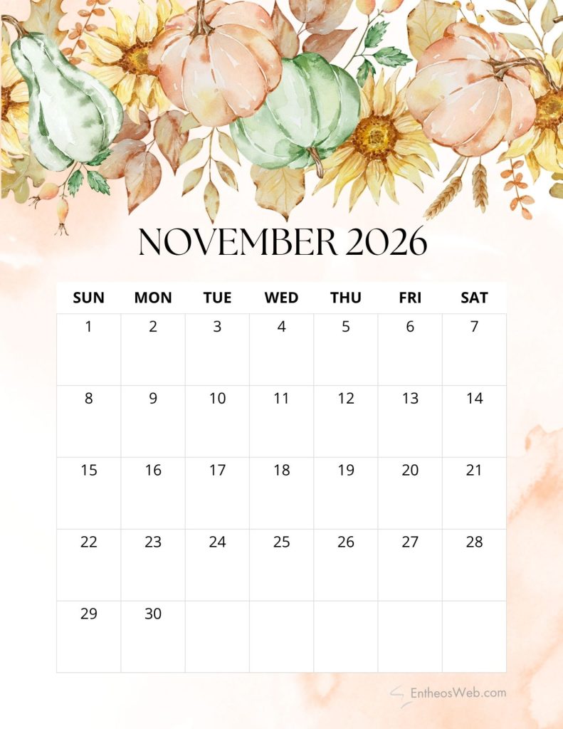 November 2026 floral printable calendar
