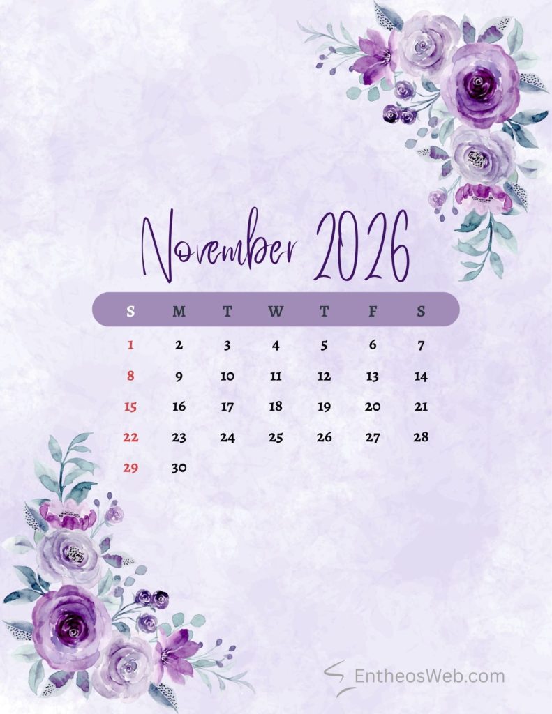 November 2016 calendar page with purple flowers on a lavender background featuring the days row and date grid in the center right |what information the image communicates a monthly calendar layout for november 2016 with decorative floral border November 2026 floral purple printable calendar