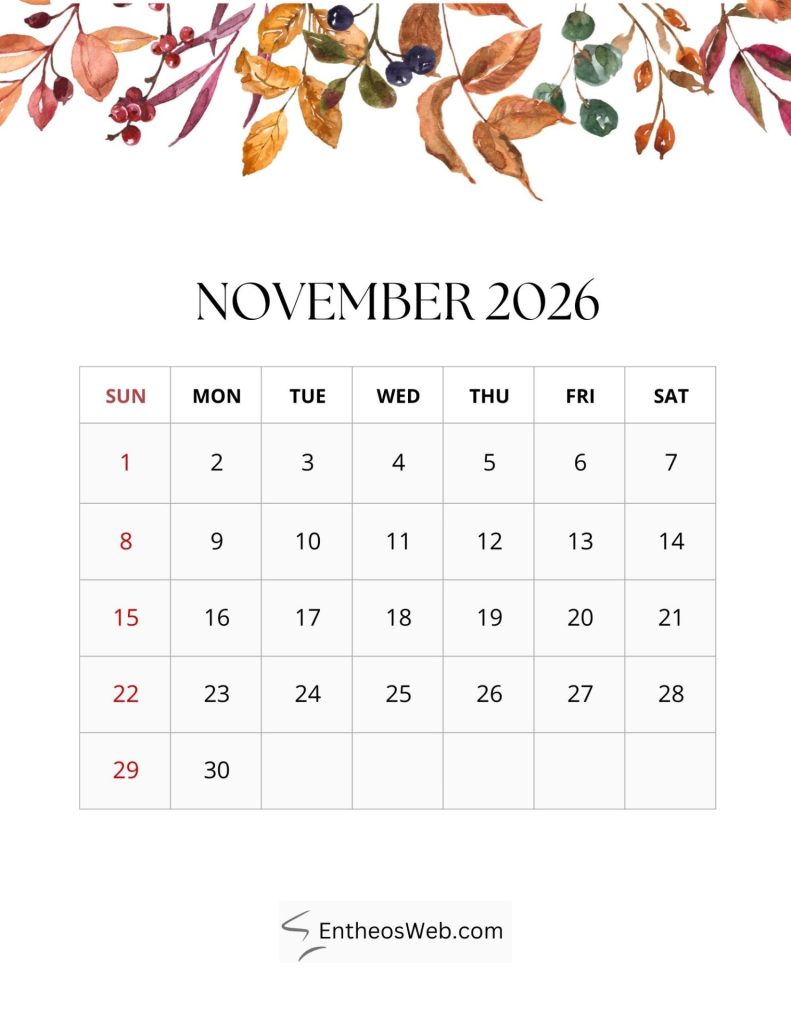 2026 monthly leaf calendar