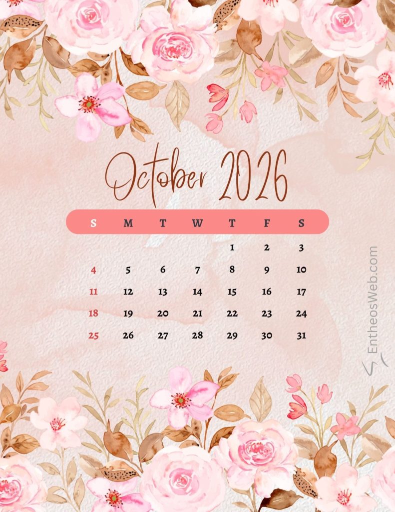 October 2016 calendar over a pink watercolor floral background with day grid and week header October 2026 floral pink printable calendar