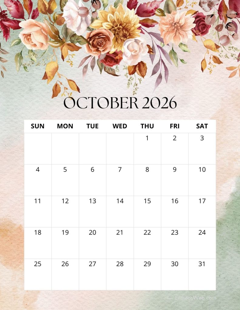 October 2026 floral printable calendar