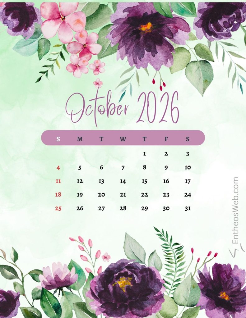 Calendar page for october 2016 with a lavender bar showing days of the week and a floral border at the top and bottom October 2026 floral purple printable calendar