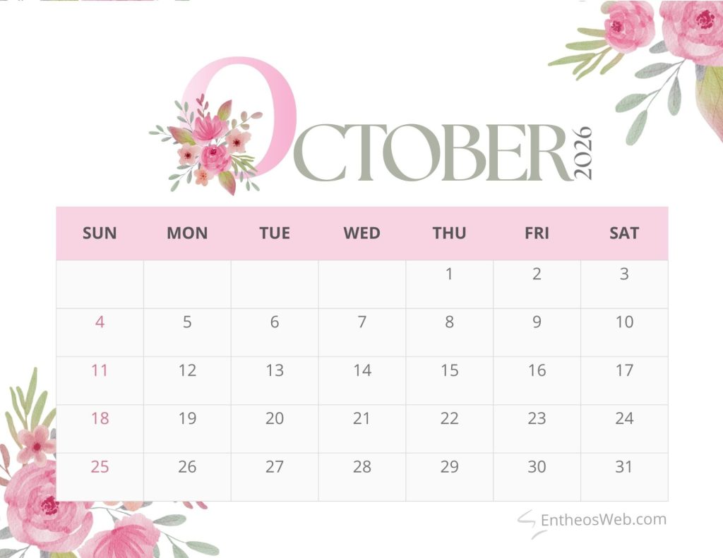 Pink floral month calendar 2026