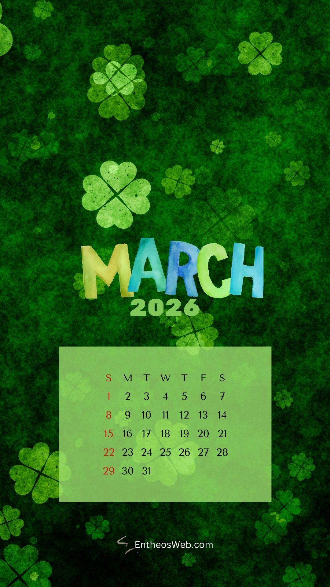 Patricks day march 2026 phone wallpaper | march calendar wallpaper and screensavers for phones 2026 | entheosweb March 2026 calendar phone wallpaper green