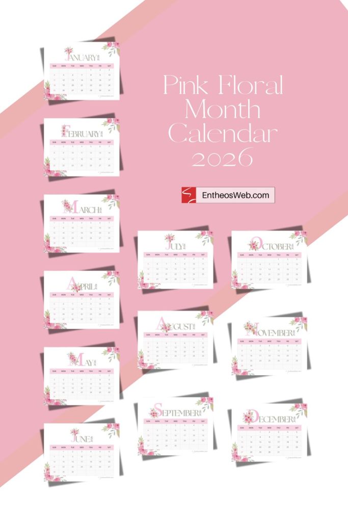 Pink Floral Month Calendar 2026 | EntheosWeb